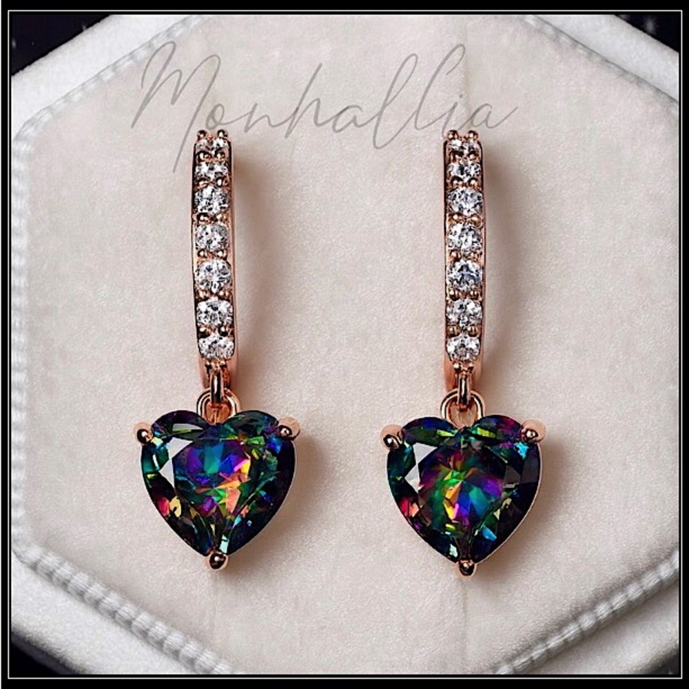 NEW 925 ROSE GOLD SIMULATED MYSTIC TOPAZ DIAMOND HEART HUGGIE EARRINGS